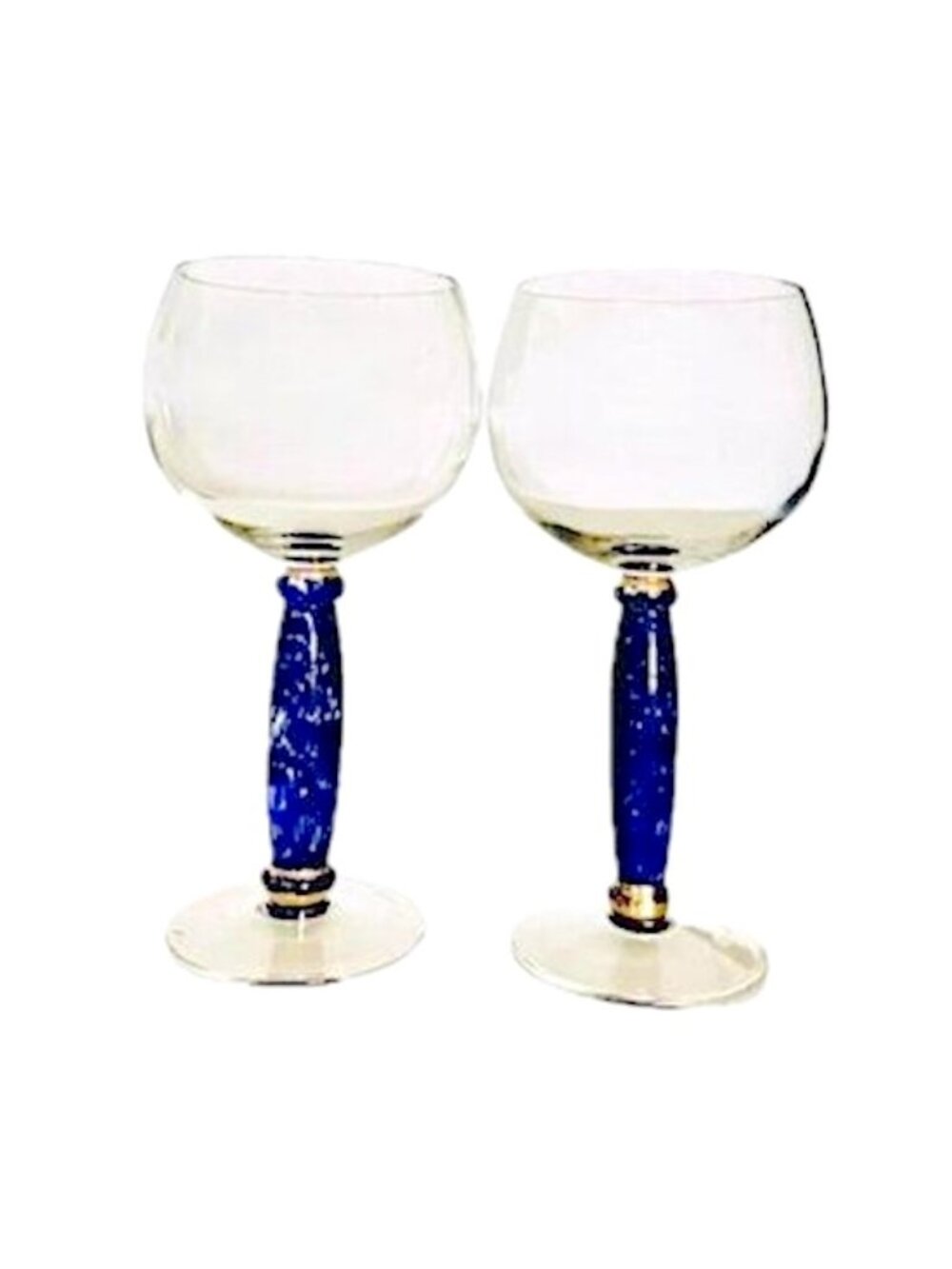 Art Deco Wine Glasses Blue Stem 24k Gold Trim VTG Artisan Hand Blown in USA '30s